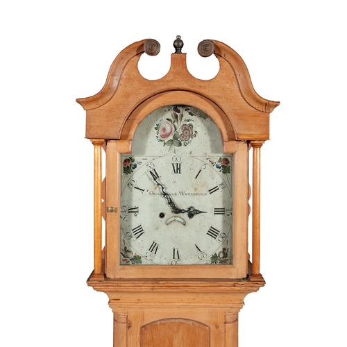 169 - A VICTORIAN STRIPPED PINE LONG CASE CLOCK,   with swan neck pediment, the hood enclosing a painted d... 