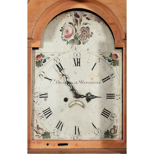 169 - A VICTORIAN STRIPPED PINE LONG CASE CLOCK,   with swan neck pediment, the hood enclosing a painted d... 