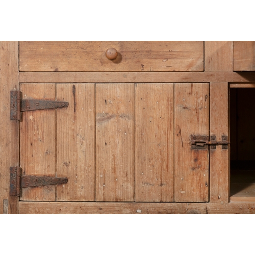 170 - A 19TH CENTURY PINE KITCHEN CUPBOARD,  of rectangular form with a plain three panel top, heavy wroug... 