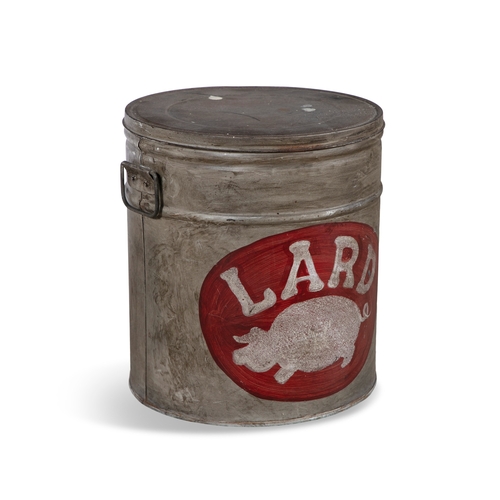 173 - A TOLEWARE CYLINDRICAL CONTAINER WITH LID AND CARRYING HANDLES,   painted with a pig and 'LARD', 25c... 