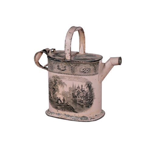 176 - A TOLEWARE DECORATIVE WATERING CAN,   with transfer printed decoration, 39cm, 39cm, 18cm deep