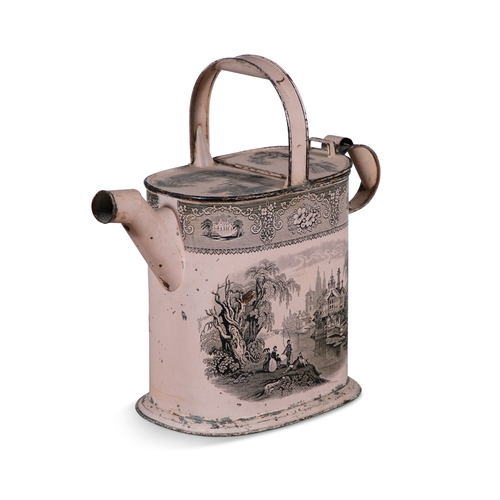 176 - A TOLEWARE DECORATIVE WATERING CAN,   with transfer printed decoration, 39cm, 39cm, 18cm deep