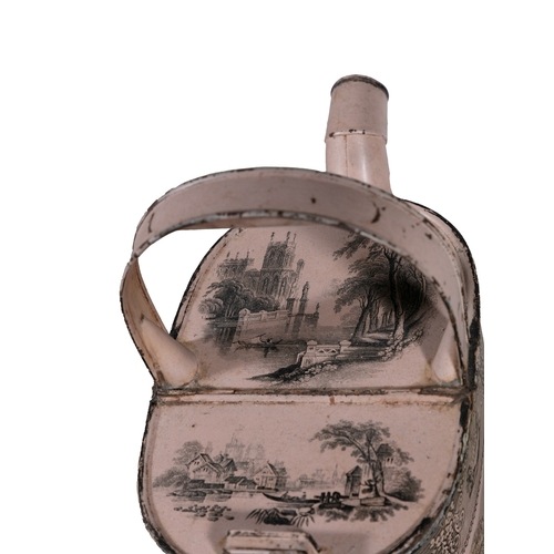 176 - A TOLEWARE DECORATIVE WATERING CAN,   with transfer printed decoration, 39cm, 39cm, 18cm deep