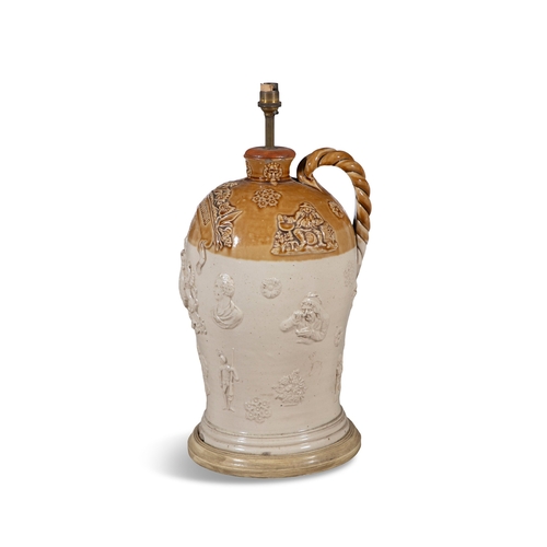 179 - A VICTORIAN GLAZED EARTHENWARE FLAGON,  with cast decoration and inscribed 'O'Connor Brothers, Sligo... 