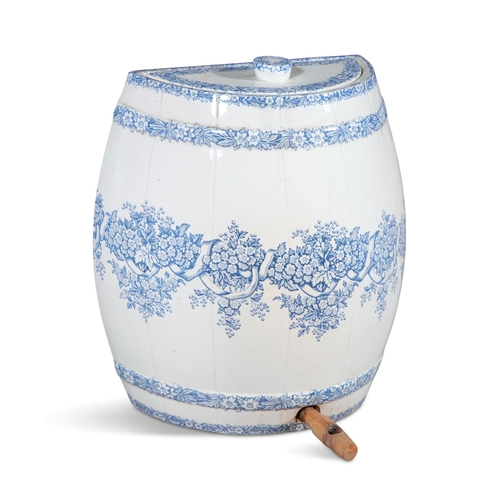 18 - A 19TH CENTURY GLAZED CHINA WALL MOUNTED HALF BARREL,   with blue transfer printed foliate decoratio... 