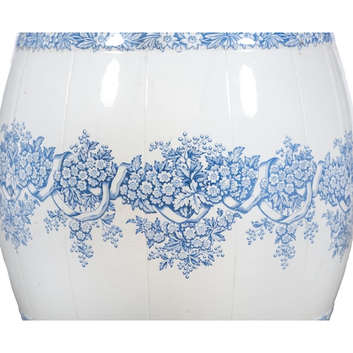 18 - A 19TH CENTURY GLAZED CHINA WALL MOUNTED HALF BARREL,   with blue transfer printed foliate decoratio... 