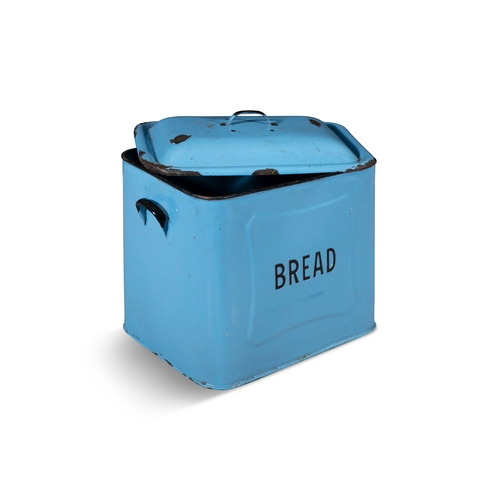 180 - AN EARLY 20TH CENTURY BLUE ENAMEL BREAD BIN,   of typical form, the detachable lid with handle, the ... 