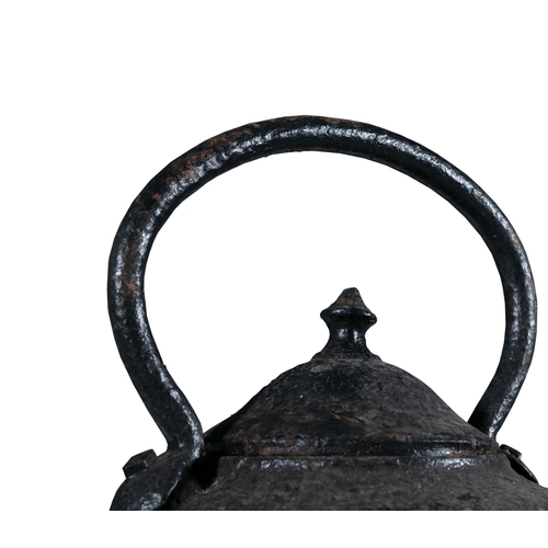 181 - A LARGE VICTORIAN BLACK CAST IRON TEA-KETTLE,   with fitted lid and raised loop handle, 38cm high, 3... 