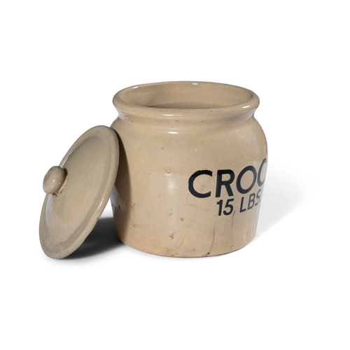 182 - A 'MOIRA POTTERY' 15 LBS CREAM CROCK AND COVER, 26cm high, 25cm diameter