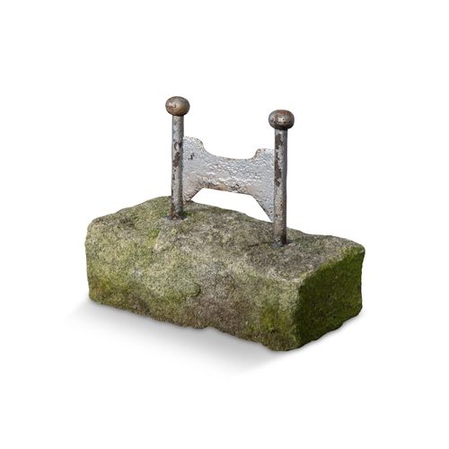 183 - A PAINTED CAST IRON BOOT SCRAPER,  with twin upright supports, on a rectangular limestone base. 42cm... 