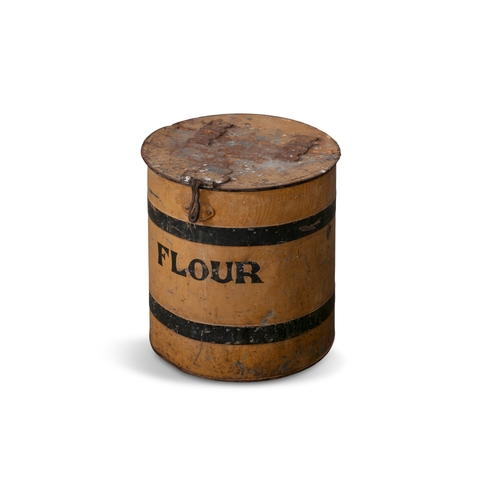 184 - A PAINTED CYLINDRICAL METAL FLOUR BIN,  with hinged top, banded body with 'FLOUR' lettering. 40.5cm ... 