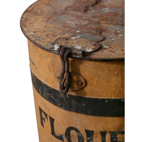 184 - A PAINTED CYLINDRICAL METAL FLOUR BIN,  with hinged top, banded body with 'FLOUR' lettering. 40.5cm ... 