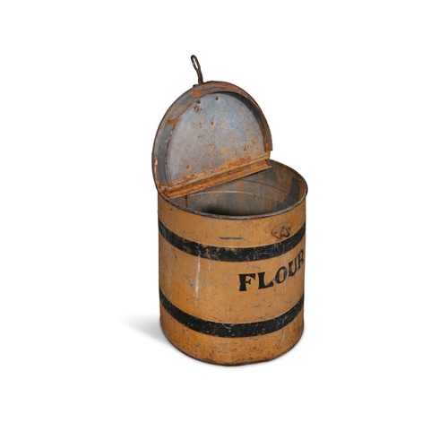 184 - A PAINTED CYLINDRICAL METAL FLOUR BIN,  with hinged top, banded body with 'FLOUR' lettering. 40.5cm ... 