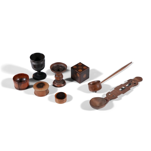 185 - A COLLECTION OF TREEN,   including a Welsh spoon, a Georgian lignum vitae bowl, parquetry dice cube ... 