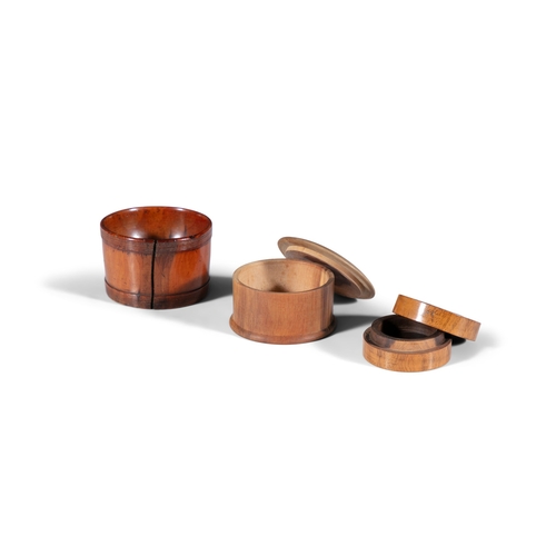 185 - A COLLECTION OF TREEN,   including a Welsh spoon, a Georgian lignum vitae bowl, parquetry dice cube ... 