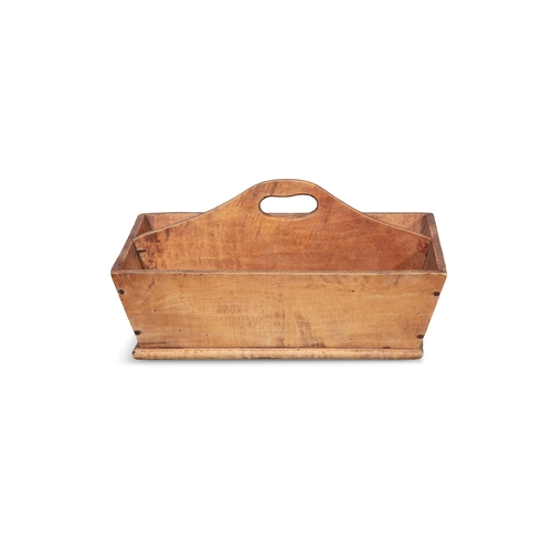 187 - AN 19TH CENTURY STAINED WOOD CUTLERY TRAY,  with two compartments and having a raised central carryi... 