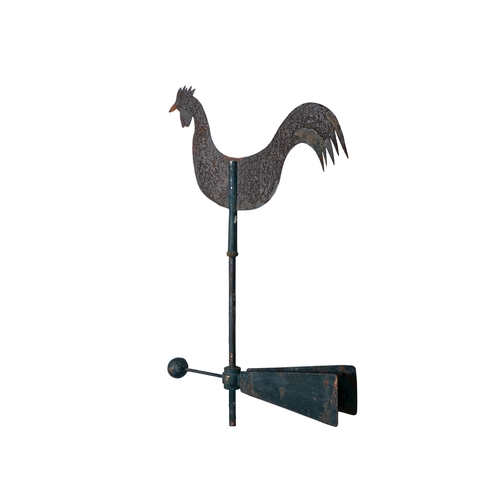 19 - A 19TH CENTURY CAST-IRON FRAME AND TIN WEATHER VANE,   in the form of a cockrel. 108cm high, 65cm wi... 