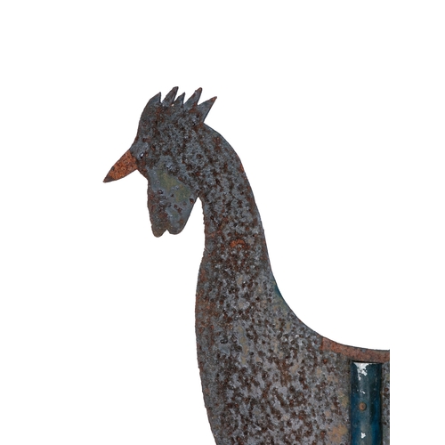 19 - A 19TH CENTURY CAST-IRON FRAME AND TIN WEATHER VANE,   in the form of a cockrel. 108cm high, 65cm wi... 