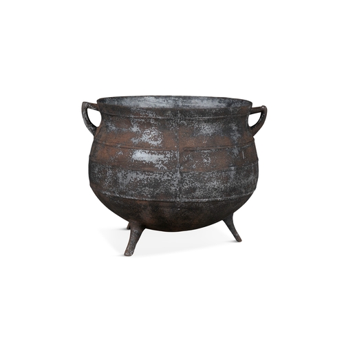 194 - A EARLY 19TH CENTURY LARGE CAST IRON POT,  of circular bulbous form, with out-turned rim, and applie... 