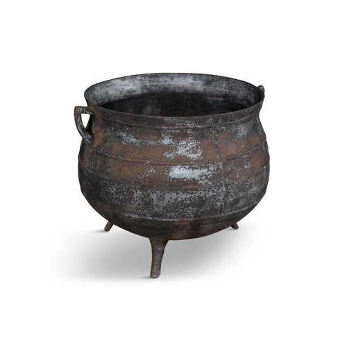 194 - A EARLY 19TH CENTURY LARGE CAST IRON POT,  of circular bulbous form, with out-turned rim, and applie... 