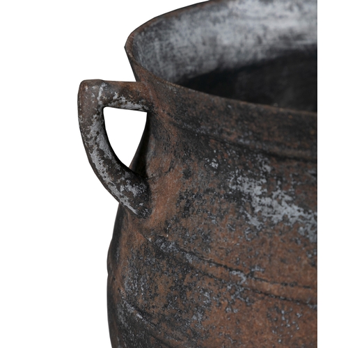 194 - A EARLY 19TH CENTURY LARGE CAST IRON POT,  of circular bulbous form, with out-turned rim, and applie... 