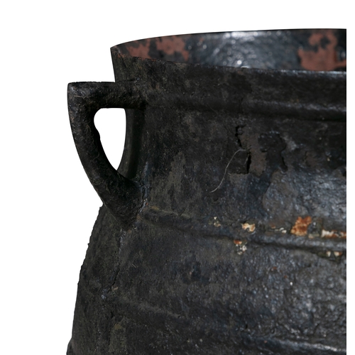 195 - A EARLY 19TH CENTURY LARGE CAST IRON POT,  of circular bulbous form, with out-turned rim, and applie... 