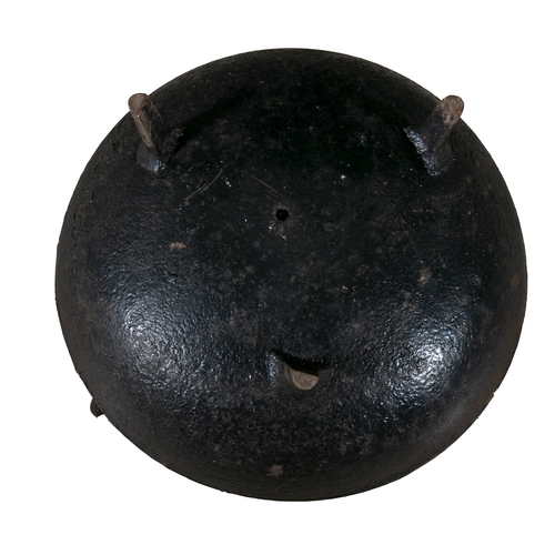 195 - A EARLY 19TH CENTURY LARGE CAST IRON POT,  of circular bulbous form, with out-turned rim, and applie... 