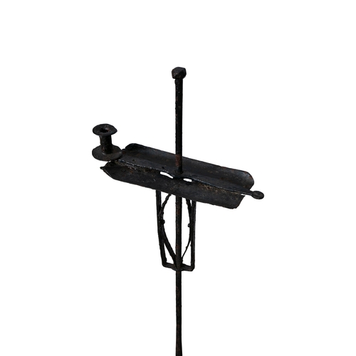 203 - A WROUGHT IRON CANDLE STAND ON TRIPOD BASE,   109cm high