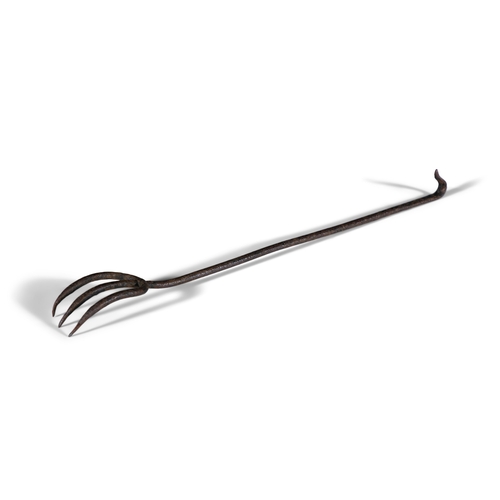 205 - A 19TH CENTURY WROUGHT IRON THREE PRONG TOASTING FORK   with hook end handle, 50cm long