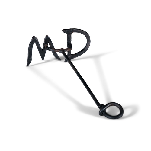 206 - A WROUGHT IRON BRANDING IRON   with the lettering 'WD'. 38cm long; 20 x 10cm (WD Lettering)