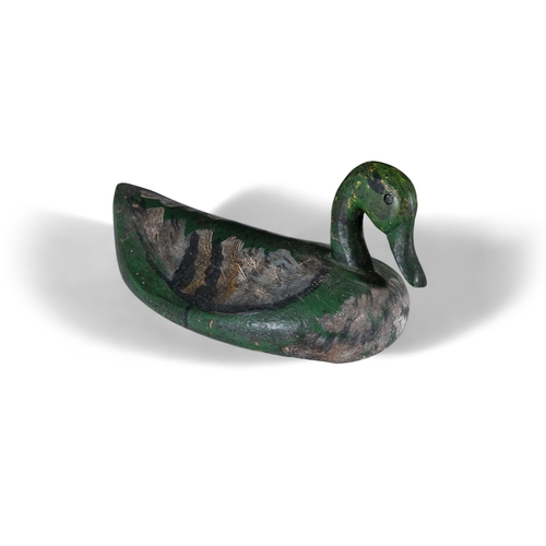 211 - A GREEN PAINTED TIMBER DUCK DECOY  40cm long, 9cm wide, 10cm tall