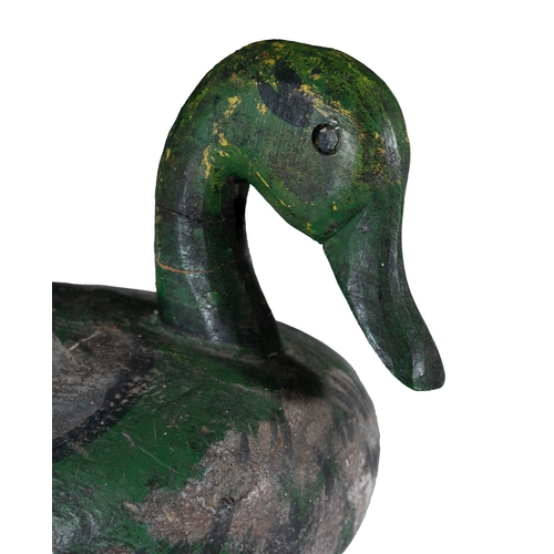 211 - A GREEN PAINTED TIMBER DUCK DECOY  40cm long, 9cm wide, 10cm tall