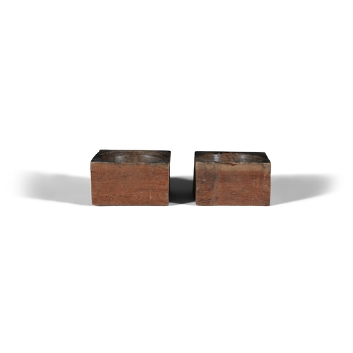 213 - A PAIR OF TIMBER SQUARE SHAPED BLOCK  PINE COUNTER WELLS  19cm high, 14cm wide, 15cm deep