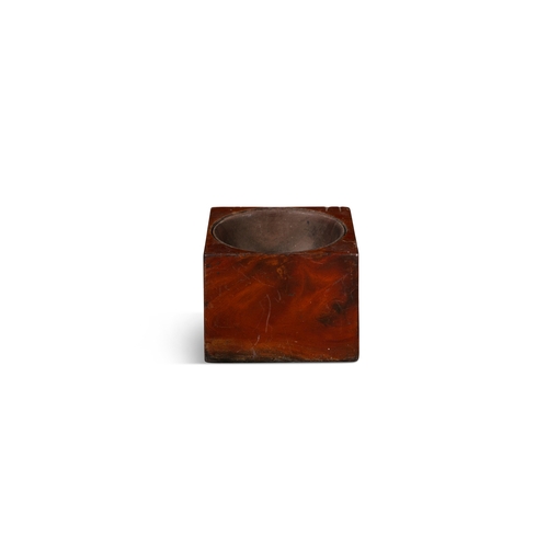 224 - A MAHOGANY SQUARE SHAPED BLOCK MERCHANTS COUNTER WELL  9cm high, 12cm wide, 11.5cm deep