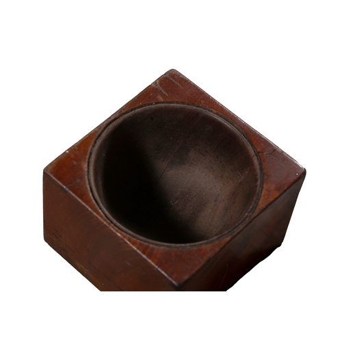 224 - A MAHOGANY SQUARE SHAPED BLOCK MERCHANTS COUNTER WELL  9cm high, 12cm wide, 11.5cm deep