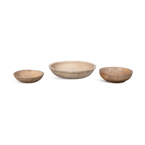 228 - THREE 19TH CENTURY SYCAMORE CIRCULAR BOWLS  31cm diameter; 37cm diameter; 22cm diameter