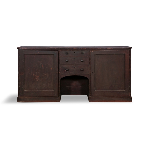 240 - A 19TH CENTURY STAINED LOW DRESSER,  three graduated central doors above an arched compartment flank... 