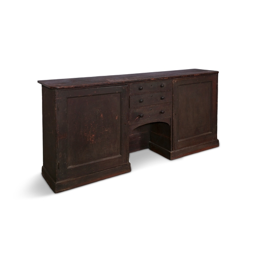 240 - A 19TH CENTURY STAINED LOW DRESSER,  three graduated central doors above an arched compartment flank... 