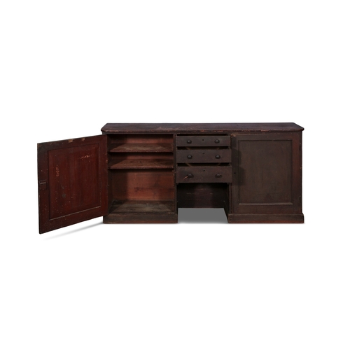 240 - A 19TH CENTURY STAINED LOW DRESSER,  three graduated central doors above an arched compartment flank... 