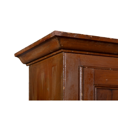 242 - A STAINED PINE LARDER,  the moulded cornice above a twin fielded panel door raised on a platform bas... 