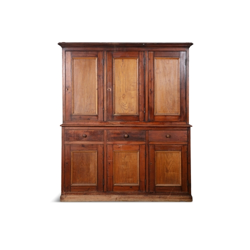 244 - A 19TH CENTURY STAINED PINE ESTATE CABINET, CO. ANTRIM,  the top superstructure with moulded top and... 