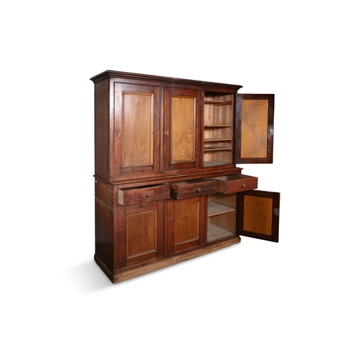 244 - A 19TH CENTURY STAINED PINE ESTATE CABINET, CO. ANTRIM,  the top superstructure with moulded top and... 