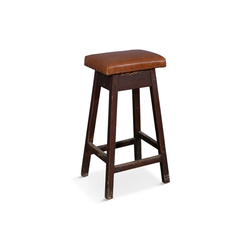 245 - A PAINTED PINE AND LEATHER UPHOLSTERED HIGHSTOOL,  the square padded seat top above square tapering ... 