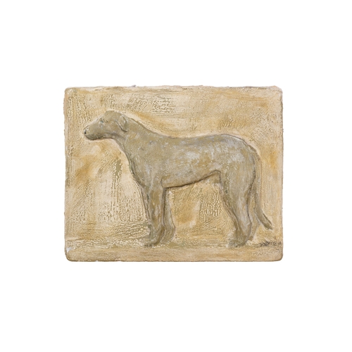 250 - A PLASTER PLAQUE DEPICTING A PROFILE OF AN IRISH WOLFHOUND,  29 x 27cm