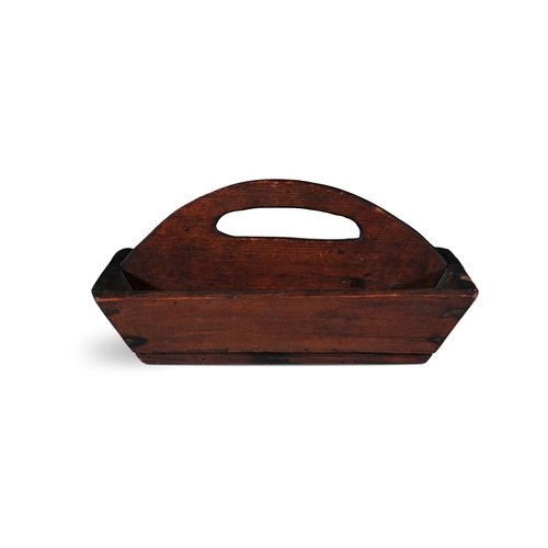 254 - A SMALL IRISH STAINED WOOD CUTLERY TRAY  with twin compartments with integral handle. 28 x 20cm