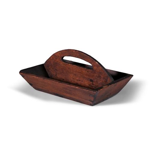 254 - A SMALL IRISH STAINED WOOD CUTLERY TRAY  with twin compartments with integral handle. 28 x 20cm