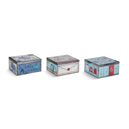 262 - THREE SQUARE TIN BISCUIT BOXES,   each decorated with children's motifs, 22cm wide, 22cm long.