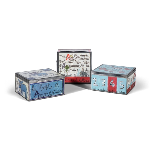 262 - THREE SQUARE TIN BISCUIT BOXES,   each decorated with children's motifs, 22cm wide, 22cm long.