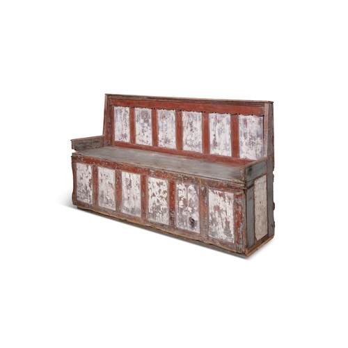 28 - A 19TH CENTURY PAINTED PINE SETTLE BED,  the moulded top and shaped frieze above the six panel back ... 