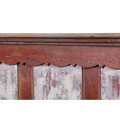 28 - A 19TH CENTURY PAINTED PINE SETTLE BED,  the moulded top and shaped frieze above the six panel back ... 